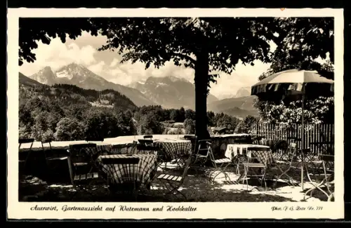 AK Oberau bei Berchtesgaden, Gaststätte Auerwirt, Gartenaussicht auf Watzmann und Hochkalter