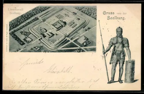 Lithographie Saalburg, Limeskastell, Krieger mit Speer, Ausgrabung