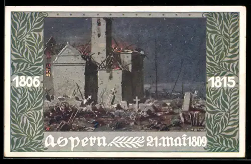 Künstler-AK Wien-Aspern, brennende Kirche 1809