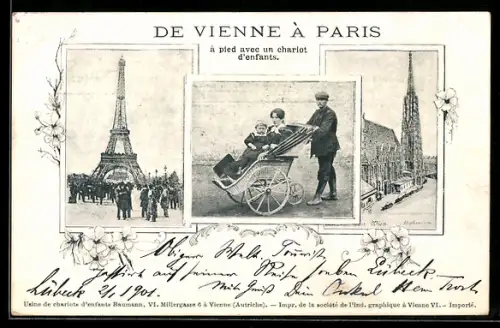 AK De Vienne à Paris, à pied avec un charlot d`enfants, Expedition