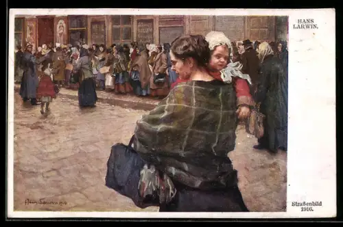 Künstler-AK Hans Larwin: Strassenbild 1916, Menschen stehen vor Geschäft an