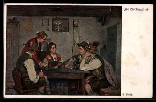 Künstler-AK sign. F. Prölss: Ihr Lieblingslied, Frau mit Gitarre mit Freunden am Tisch