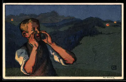 Künstler-AK Schweizer Bundesfeier 1926, Knabe ruft in die Nacht hinaus