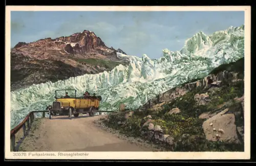 AK Saurer Post-Bus auf der Furkastrasse, Blick auf den Rhonegletscher