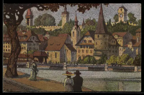 Künstler-AK Ernst E.Schlatter: Spaziergänger auf der Promenade in Musegg