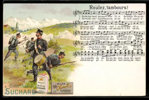 Lithographie Chocolat Suchard Roulez, tambours!