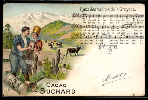 Lithographie Cacao Suchard Soluble, ein Paar am Weidezaun, Kakao