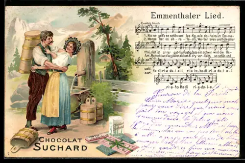 Lithographie Kakao Suchard, Bauernpaar an der Wasserquelle, Emmenthaler Lied