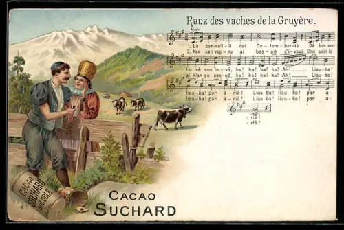 Lithographie Cacao Suchard Soluble, ein Paar am Weidezaun, Kakao