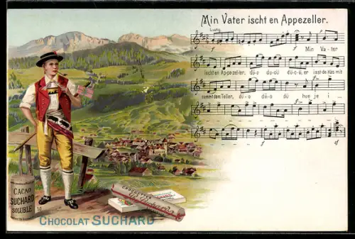 Lithographie Chocolat Suchard, Appenzeller und Lied: Min Vater ischt en Appezeller