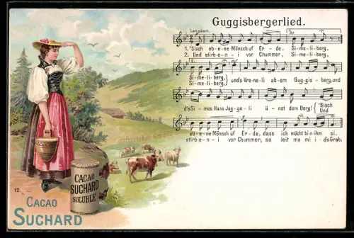 Lithographie Werbung für Cacao Suchard, Schweizerin in Traccht mit Milchkanne, Guggisberglied