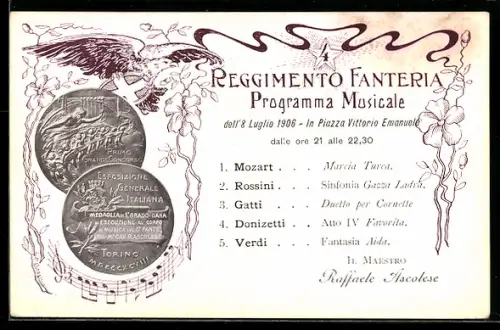AK Torino, Reggimento Fanteria, Programma Musicale 1906, In Piazza Vittorio Emanuele, Münzen, Infanterie-Regiment