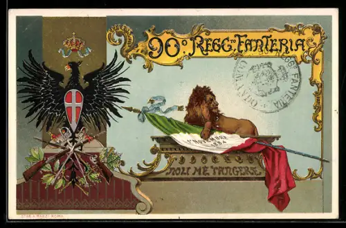 Lithographie 90. Regg. Fanteria, 1. Novembre 1884, Löwe mit Fahne, Regiment-Infanterie