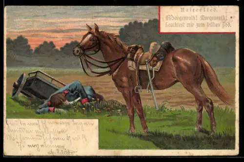 Lithographie Pferd steht neben sterbendem Kavalleriesoldaten