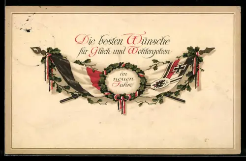 AK Reichsfahne und Reichskriegsfahne mit Neujahrsgruss