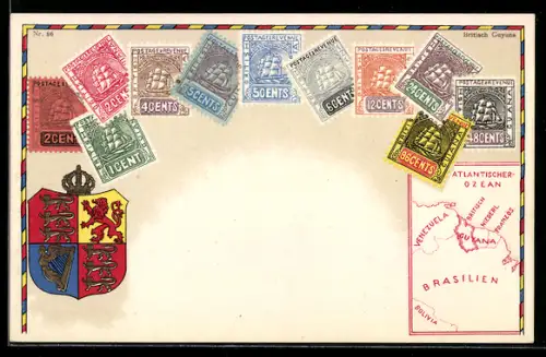 Lithographie Briefmarken von Britisch Guyana, Landkarte, Wappen mit Löwen, Harfe und Krone