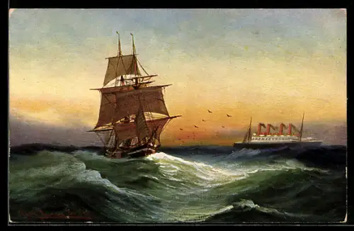 Künstler-AK Theo Stroefer Serie Nr. 1719: Segelschiff und Dampfer auf hoher See