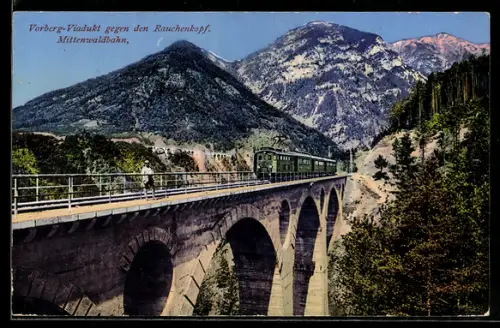 AK Mittenwaldbahn, Vorberg-Viadukt gegen den Rauchenkopf, Lokomotive