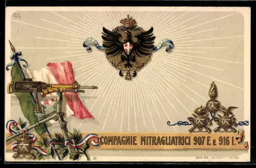 Künstler-AK Compagnie Mitragliatrici 907 F. E 916 I., Italienisches MG-Infanterie-Regiment