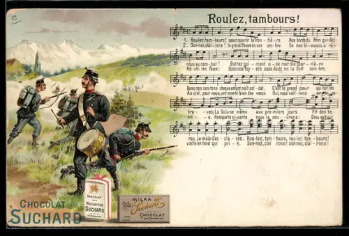 Lithographie schweizer Infanterie im Gefecht, Trommler, Reklame für Chocolat Suchard, Lied: Roulez tambours