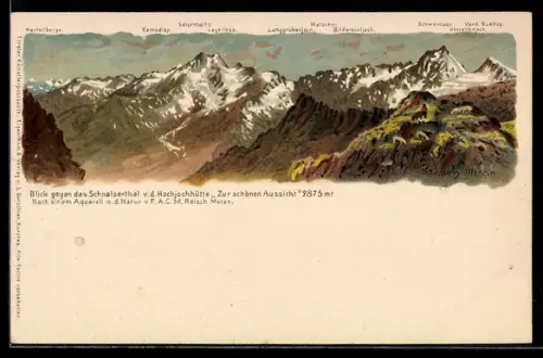 Künstler-AK F.A.C.M. Reisch: Schnalserthal, Blick gegen das Schnalserthal von der Hochjochhütte Zur schönen Aussicht