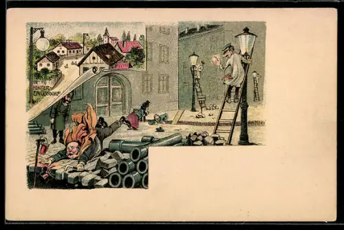 Lithographie Strassenbau in Hinter-Einödsdorf, Mann fällt auf der Strasse hin
