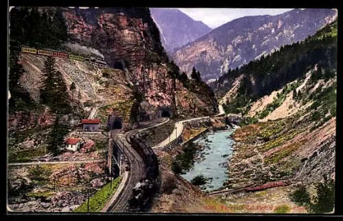 AK Gotthardbahn, Gebirgsschlucht mit schweizer Eisenbahn und Fluss