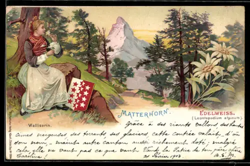 Lithographie Matterhorn, junge Frau in Tracht mit Edelweiss