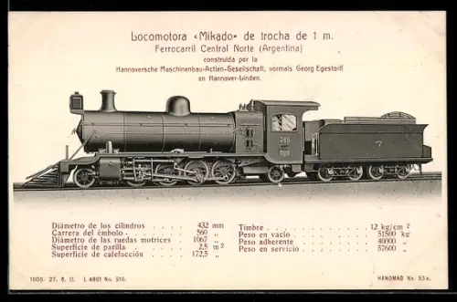 AK Hannover-Linden, Hannoversche Maschinenbau-Actien-Gesellschaft, Locomotora Mikado No. 749, Ferrocarril Central Norte
