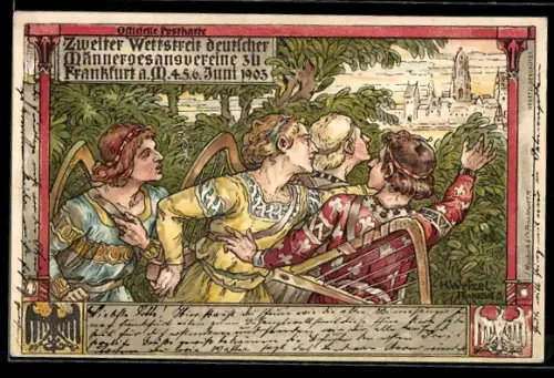 AK Frankfurt, 2. Wettstreit deutscher Männergesangsvereine 1903, mittelalterliche Musiker, Wappen