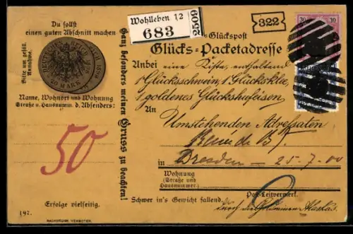 AK Glückspost an Glücks-Paketadresse, 20 Mark-Münzen
