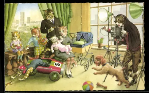 AK menschliche Katzenfamilie bei Fotograf, Fotoapparat
