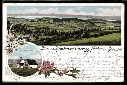 Lithographie Oberegg, Kapelle St. Anton, Blick auf den Ort, Heiden und Bodensee