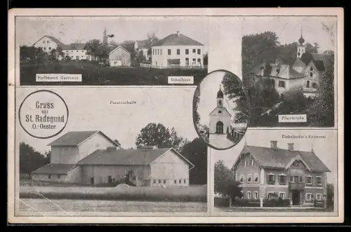 AK St. Radegund, Teilansichten Schulhaus, Hofbauers Gasthaus, Pfarrkirche, Eichelseder`s Krämerei