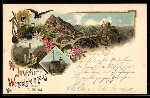 Lithographie Wendelstein, Wendelsteinhaus, Gipfel und Kirchelein