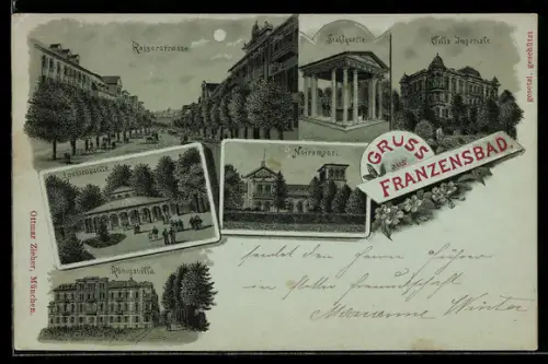 Mondschein-Lithographie Franzensbad, Kaiserstrasse, Königsvilla, Villa Imperiale, Louisenquelle