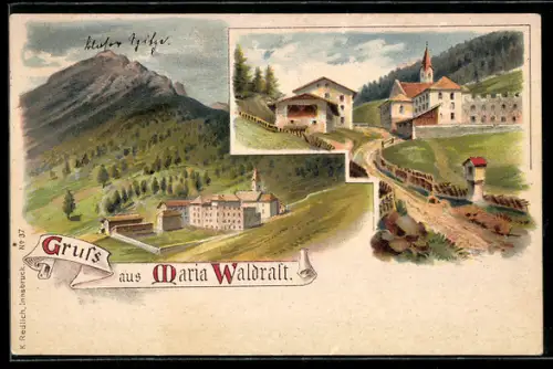 Lithographie Mühlbach, Kloster Maria Waldrast, Strassenpartie im Ort
