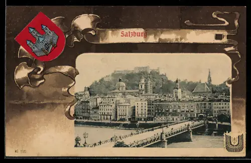 AK Salzburg, Totalansicht mit Brücke, Wappen