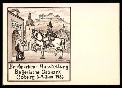 Künstler-AK Coburg, Briefmarken-Ausstellung 1936, Postillon am Gasthof Coburger Hofbräu