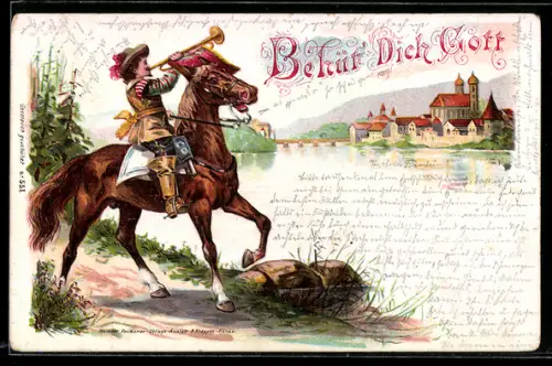 Lithographie Behüt Dich Gott!, Reiter am Fluss stösst in die Trompete
