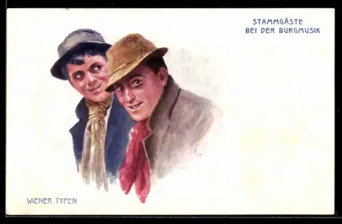 Lithographie Wiener Typen, Stammgäste bei der Burgmusik, junge Männer