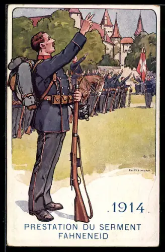 Künstler-AK sign. Ed. Elzingre: Schweizer Soldaten beim Fahneneid 1914