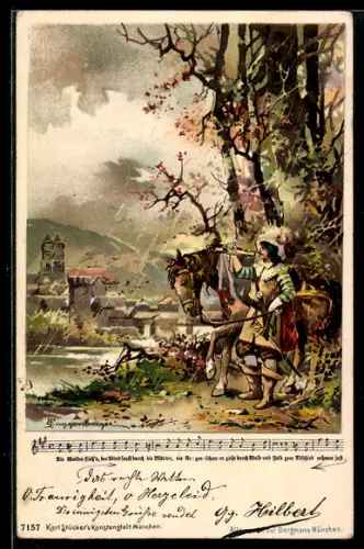 Künstler-Lithographie Theodor Guggenberger: Die Wolken zieh`n, Trompeter von Säckingen