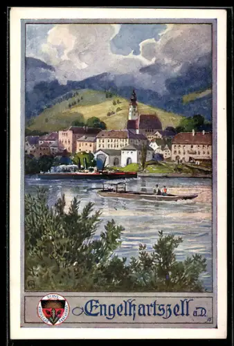 AK Deutscher Schulverein NR439: Engelhartszell, Ortsansicht, Dampferpartie