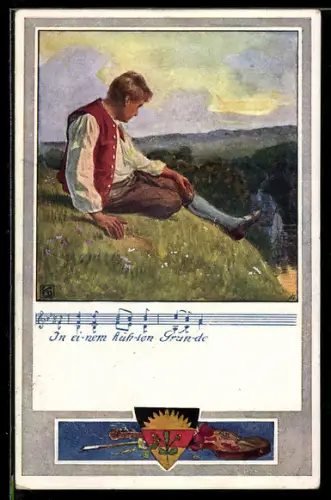 Künstler-AK Karl Friedrich Gsur, Deutscher Schulverein Nr. 374: In einem kühlen Grunde, Mann sitzt im Gras