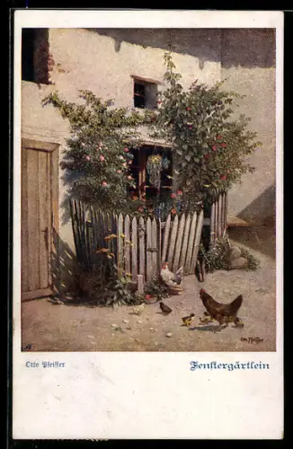 AK Deutscher Schulverein NR 885: Fenstergärtlein, Hühner u. Küken