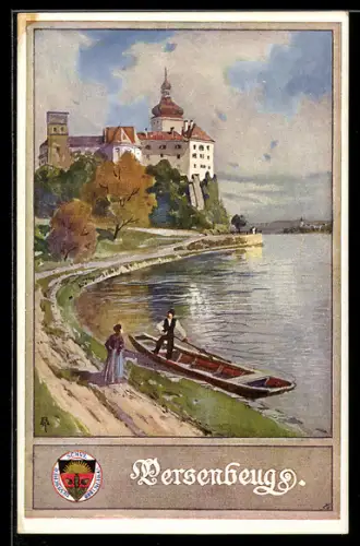 AK Persenbeug, Uferpartie m. Schloss & Ruderer, Deutscher Schulverein