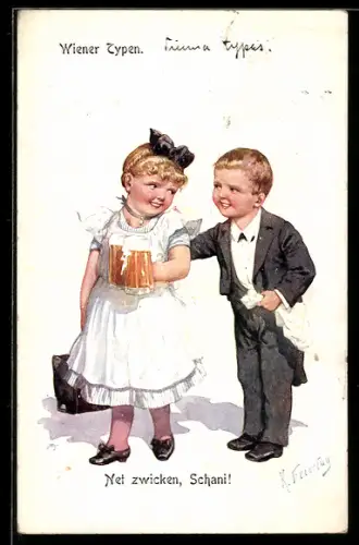 Künstler-AK Karl Feiertag: Kinderpaar mit Bierkrügen