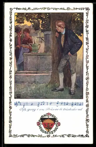 Künstler-AK Karl Friedrich Gsur, Deutscher Schulverein Nr. 368: Eifersucht am Brunnen mit Lied: Jetzt gang i ans...