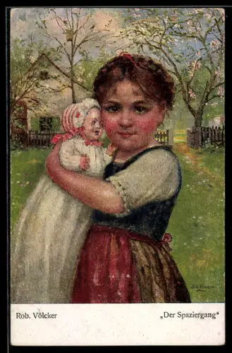 Künstler-AK Der Spaziergang von Rob. Völcker, Mädchen mit ihrer Puppe